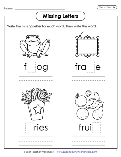 Worksheets - Missing Letters (Fr- Words) (Printable PDF Worksheet)