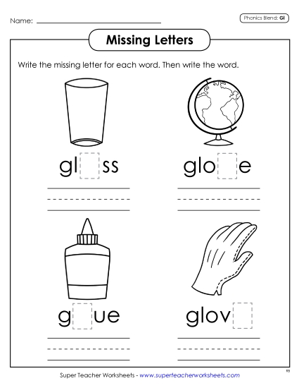 Worksheets - Missing Letters (Gl- Words) (Printable PDF Worksheet)