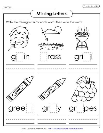 Worksheets - Missing Letters (Gr- Words) (Printable PDF Worksheet)