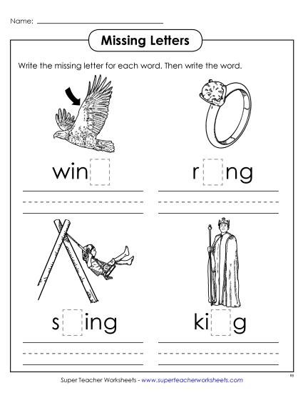 Worksheets - Missing Letters (-ing) (Printable PDF Worksheet)