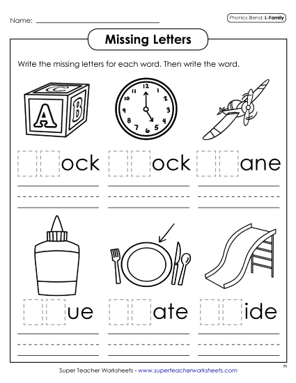 Worksheets - Missing Letters (L - Blends) (Printable PDF Worksheet)