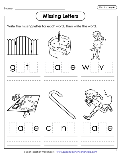 Worksheets - Missing Letters (Long A) (Printable PDF Worksheet)