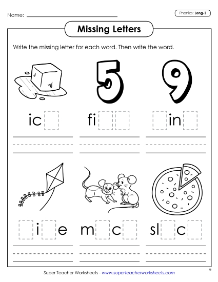 Worksheets - Missing Letters (Long I) (Printable PDF Worksheet)
