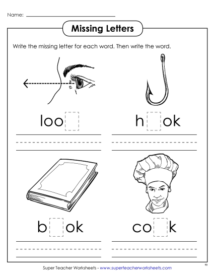 Worksheets - Missing Letters (-ook) (Printable PDF Worksheet)