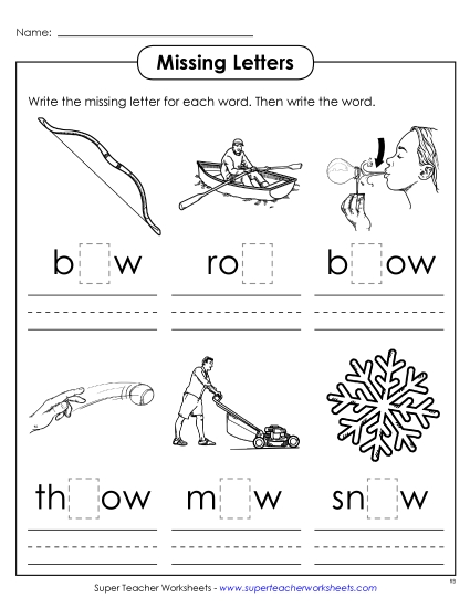 Long-O Sound (as in Grow) - Missing Letters (-ow) (Printable PDF Worksheet)