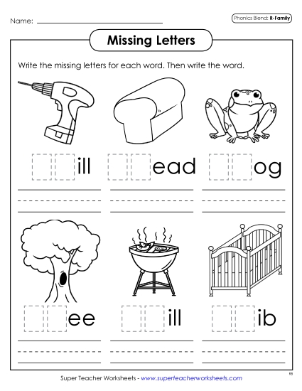 Worksheets - Missing Letters (R - Blends) (Printable PDF Worksheet)