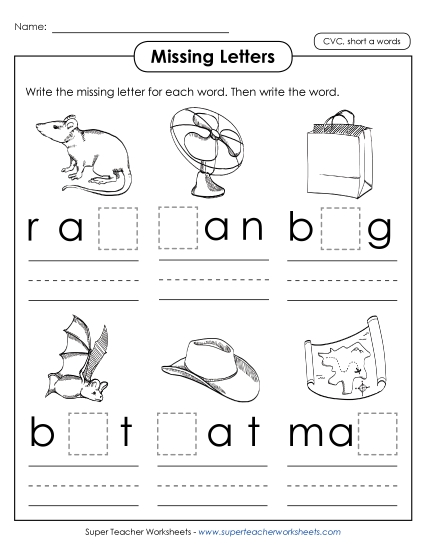 Worksheets - Missing Letters (Short A) (Printable PDF Worksheet)
