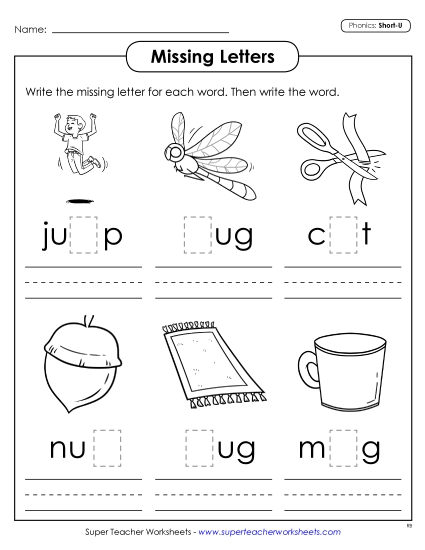 Worksheets - Missing Letters (Short U) (Printable PDF Worksheet)