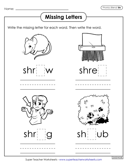 Worksheets - Missing Letters (Shr- Words) (Printable PDF Worksheet)