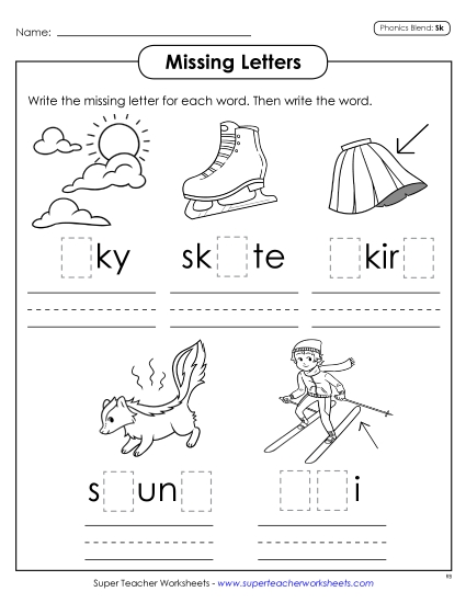Worksheets - Missing Letters (Sk- Words) (Printable PDF Worksheet)