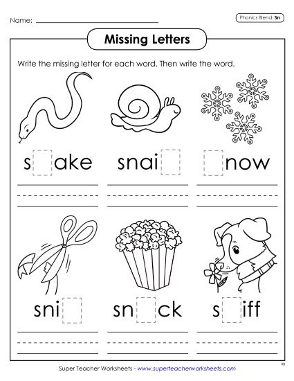Worksheets - Missing Letters (Sn- Words) (Printable PDF Worksheet)