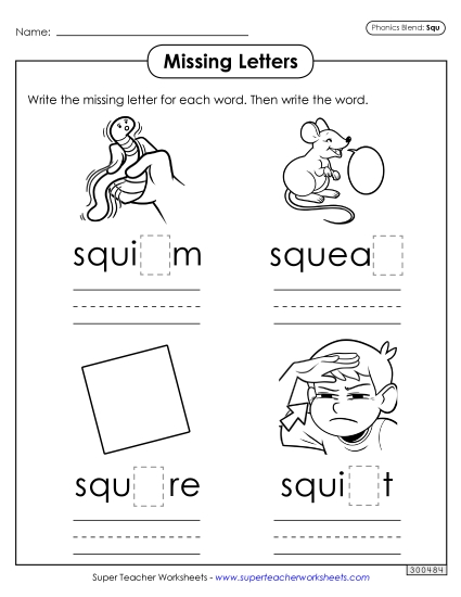 Worksheets - Missing Letters (Squ- Words) (Printable PDF Worksheet)