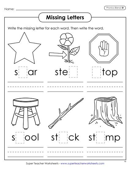 Worksheets - Missing Letters (St- Words) (Printable PDF Worksheet)
