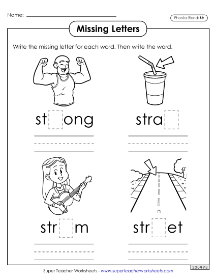 Worksheets - Missing Letters (Str- Words) (Printable PDF Worksheet)