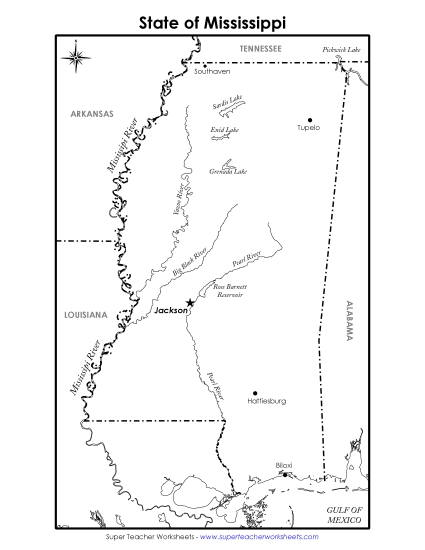 Maps - Mississippi Map (Labeled) (Printable PDF Worksheet)