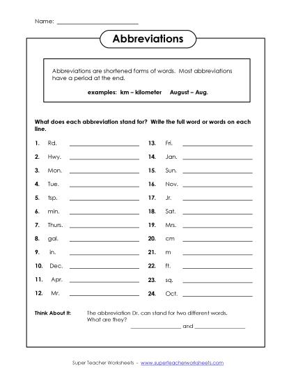 Mixed Abbreviations - Mixed Abbreviations (Printable PDF Worksheet)