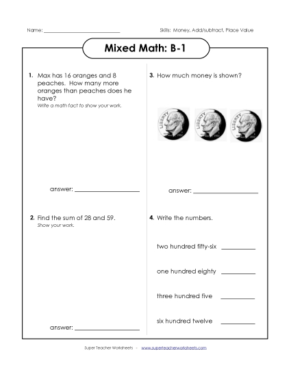 Mixed Math (Level B: Grade 2) - Mixed Math: B1 (Printable PDF Worksheet)