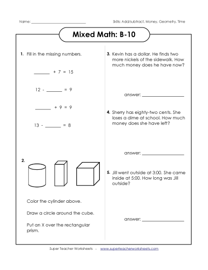 Addition - Mixed Math: B10 (Printable PDF Worksheet)