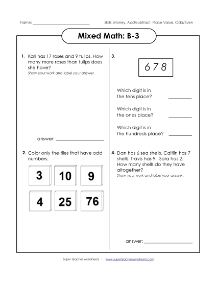 Mixed Math (Level B: Grade 2) - Mixed Math: B3 (Printable PDF Worksheet)
