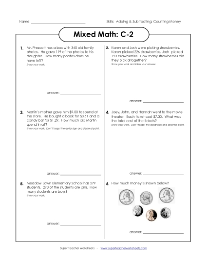 Mixed Math (Level C: Grade 3) - Mixed Math: C2 (Printable PDF Worksheet)