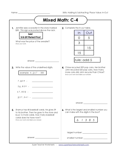 Subtraction - Mixed Math: C4 (Printable PDF Worksheet)