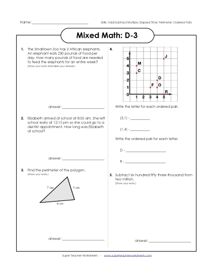 Mixed Math (Level D: Grade 4) - Mixed Math: D3 (Printable PDF Worksheet)