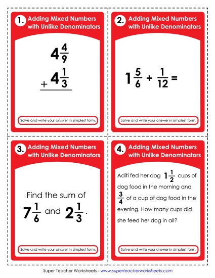 Mixed Number Addition (Unlike Denominators) (Printable PDF Worksheet)