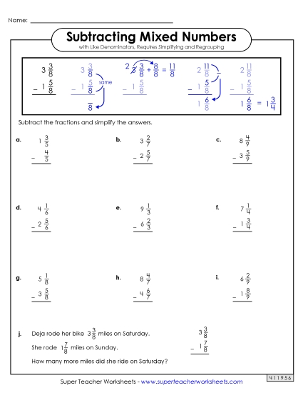 Subtracting Mixed Numbers: Same Denominators - Mixed Number Subtraction Worksheet 1 (with Simplifying and Regrouping) (Printable PDF Worksheet)