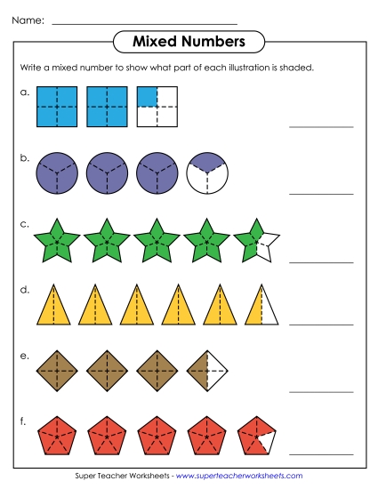 Mixed Numbers (Basic Concept) - Mixed Numbers (Printable PDF Worksheet)