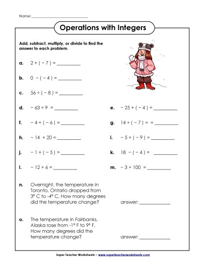 Mixed Operations - Mixed Operations w/ Integers (Printable PDF Worksheet)