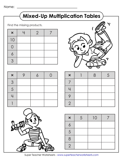 Multiplication Tables (Multiplication Charts) - Mixed-Up Multiplication Tables (Missing Products) (Printable PDF Worksheet)
