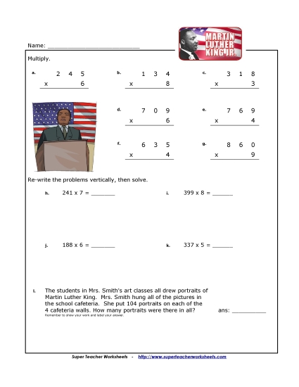 M.L.K. Math - M.L.K. Math - Multiplication (3-Digit Numbers) (Printable PDF Worksheet)