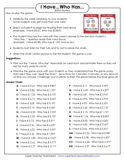 Math - Money (British / UK) (Printable PDF Worksheet)