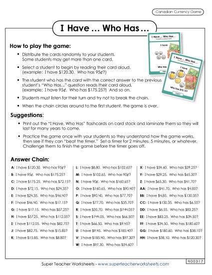 Mixed Coins & Bills - Money Game: "I Have / Who Has" (Mixed Coins & Bills) (Printable PDF Worksheet)