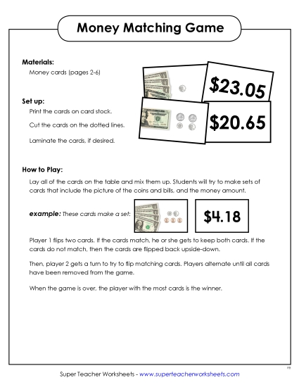 Amounts Up to $50 - Money Matching Game (Printable PDF Worksheet)