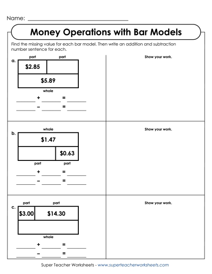 Addition/Subtraction (Mixed) - Money Operations with Bar Models  (Printable PDF Worksheet)