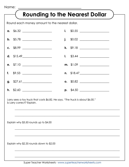 Money Rounding (Nearest Dollar) - Money - Rounding to the Nearest Dollar (Printable PDF Worksheet)