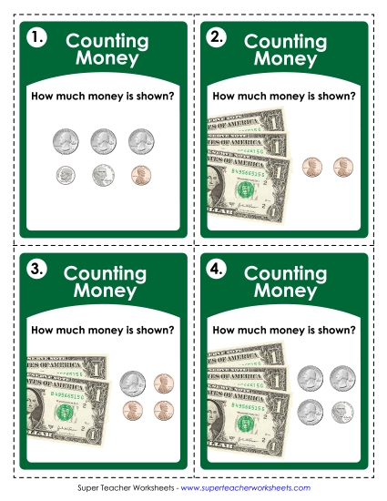 Money (USA): Coins and Bills (Up to $4) (Printable PDF Worksheet)