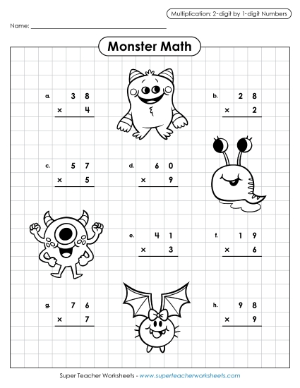 2-Digit Times 1-Digit Worksheets - Monster Math (Printable PDF Worksheet)