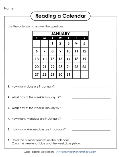 Calendars (Basic) - Monthly Calendar (Basic) (Printable PDF Worksheet)