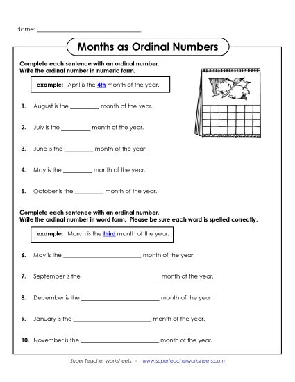 Calendars (Basic) - Months As Ordinal Numbers (Printable PDF Worksheet)