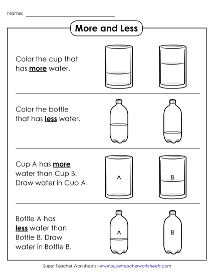 More and Less (Comparing Amounts of Liquid) - More and Less (Liquid Water) (Printable PDF Worksheet)