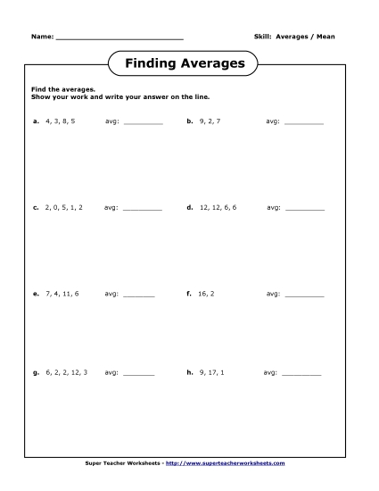 Basic Level (Basic Division Facts) - More Averages (Printable PDF Worksheet)