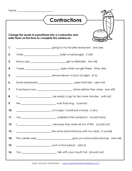 Worksheets - More Contraction Sentences (Printable PDF Worksheet)