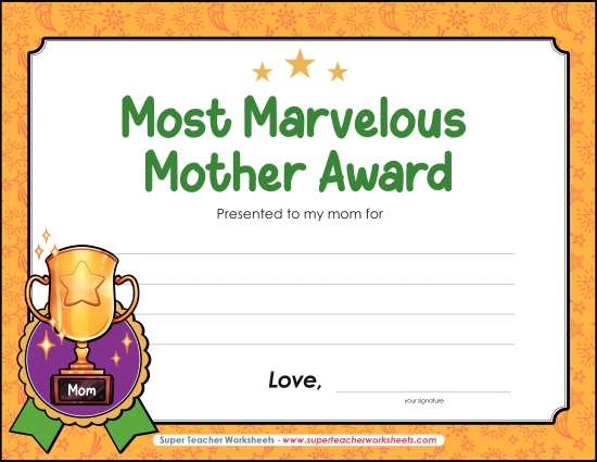Make Gifts For Moms - Most Marvelous Mother Award (Printable PDF Worksheet)