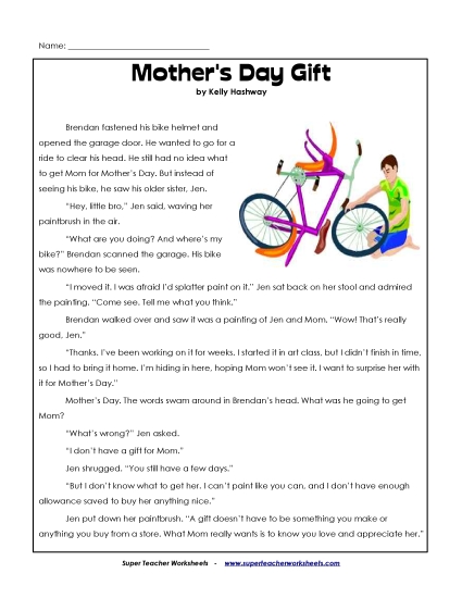 Reading Comprehension - Mother's Day Gift (Fiction Story) (Printable PDF Worksheet)