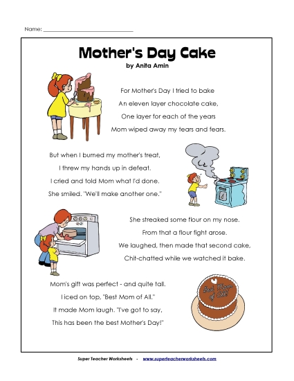 Holiday Poems - Mother's Day Cake (Mother's Day) (Printable PDF Worksheet)