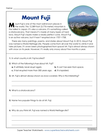 Short Passages - Mount Fuji (Short, Nonfiction) (Printable PDF Worksheet)