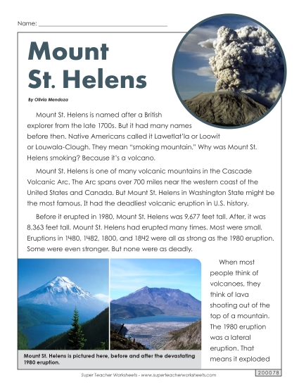 Nonfiction Articles - Mount St. Helens (Printable PDF Worksheet)