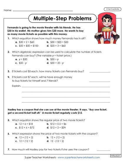 Intermediate (Grades 3 - 4) - Movie Theater Math (Printable PDF Worksheet)